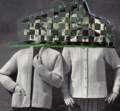 Black and white photograph of two people in clothing which might be from the 1940s or 1950s. The shape of a house has been woven between their heads.